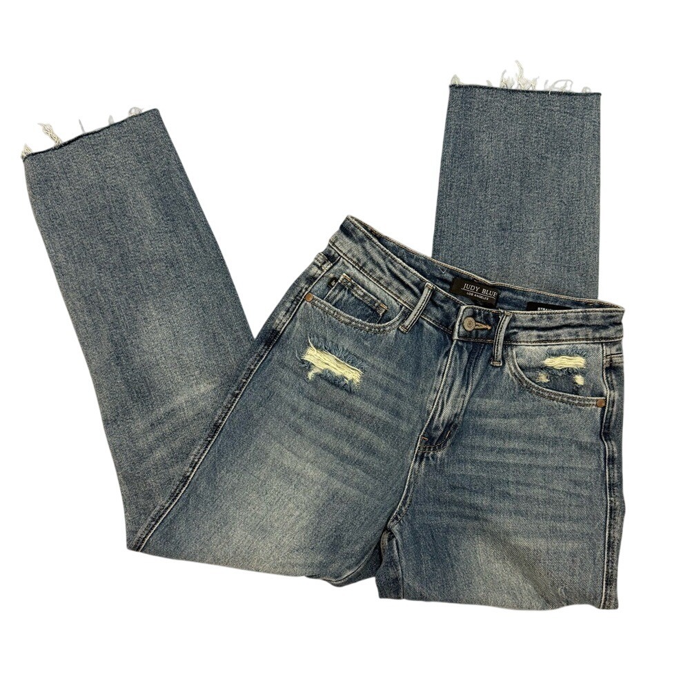Judy Blue High Rise Magic Rigid Straight Size 1/25 Distressed Blue Jeans Raw Hem